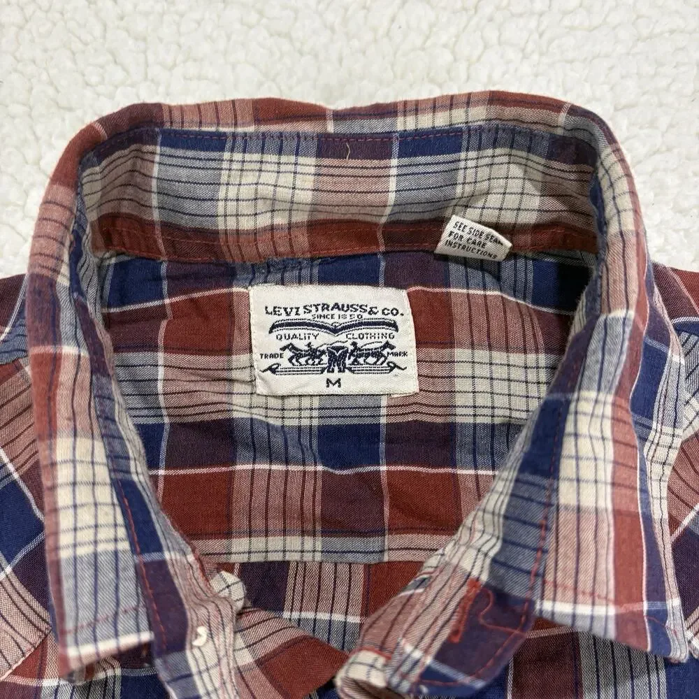 Vintage‎ Levi Strauss & Co Western Pearl Snap Shirt Mens Size M Red Blue Plaid